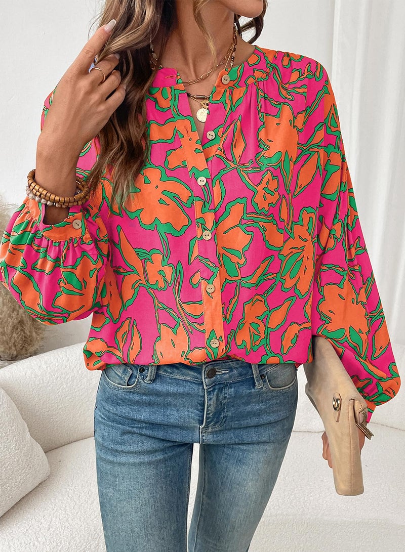 Astylish Women Boho Floral Loose Spring Summer Tops Beach Fashion V Neck Breathable Puff Sleeve Flowy Blouses Button Down Button Down Business Casual Shirts Rose Large - Image 5
