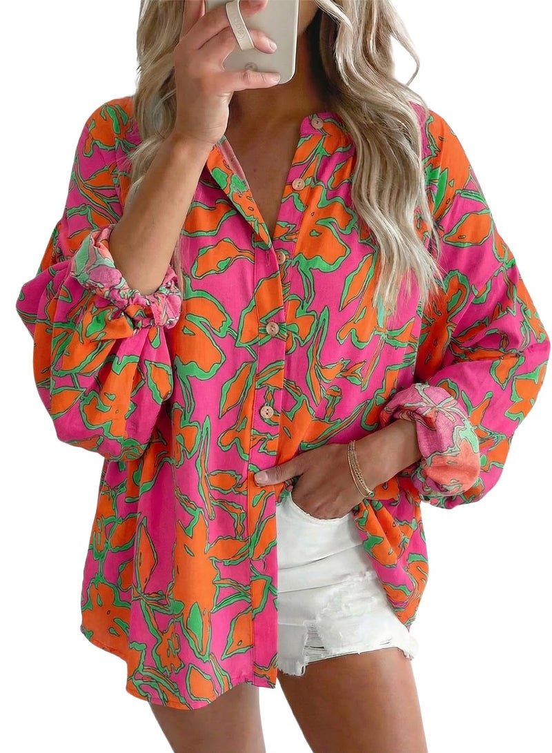 Astylish Women Boho Floral Loose Spring Summer Tops Beach Fashion V Neck Breathable Puff Sleeve Flowy Blouses Button Down Button Down Business Casual Shirts Rose Large - Image 1
