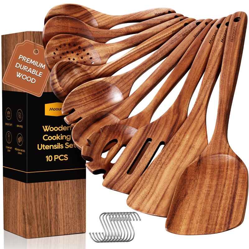 Mooues Wooden Spoons for Cooking, 10PCS Teak Wood Cookware Utensil Set with Hooks - Smooth Finish, Non-Stick, Comfortable Grip, Heat Resistant Kitchen Utensils - Image 1