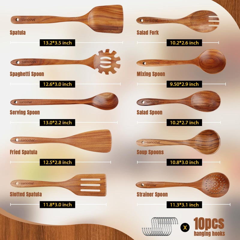 Mooues Wooden Spoons for Cooking, 10PCS Teak Wood Cookware Utensil Set with Hooks - Smooth Finish, Non-Stick, Comfortable Grip, Heat Resistant Kitchen Utensils - Image 3