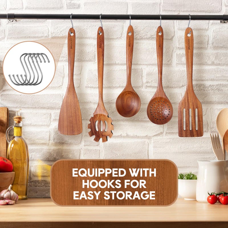 Mooues Wooden Spoons for Cooking, 10PCS Teak Wood Cookware Utensil Set with Hooks - Smooth Finish, Non-Stick, Comfortable Grip, Heat Resistant Kitchen Utensils - Image 5