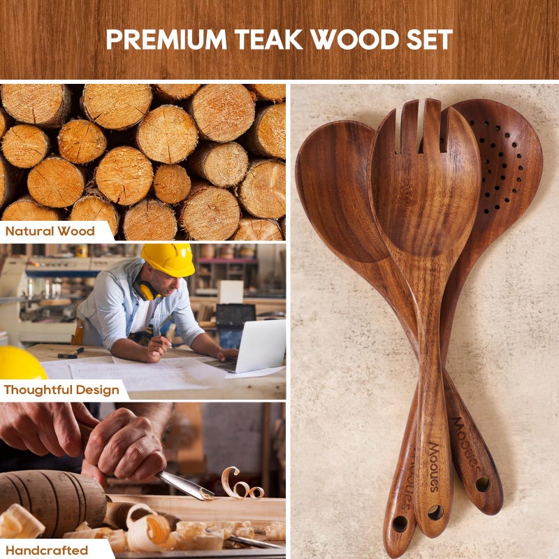 Mooues Wooden Spoons for Cooking, 10PCS Teak Wood Cookware Utensil Set with Hooks - Smooth Finish, Non-Stick, Comfortable Grip, Heat Resistant Kitchen Utensils - Image 2