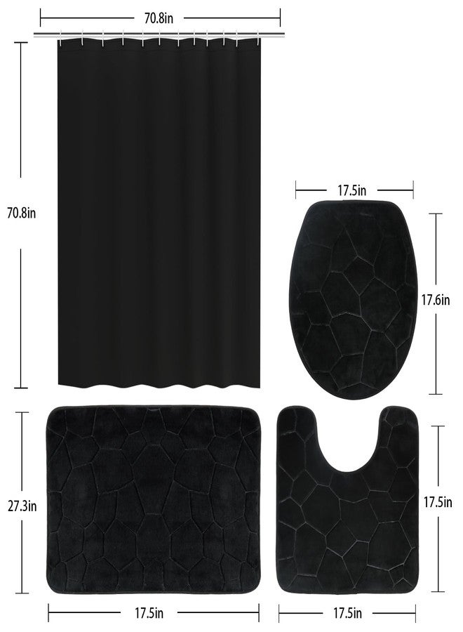 Icegrey 4PCS Family Shower Curtain Sets with Non-Slip Rug, Toilet Lid Cover, Bath Mat, Home Bathroom Decor Set Accessories Waterproof Shower Curtains with 12 Hooks, Black - Image 2