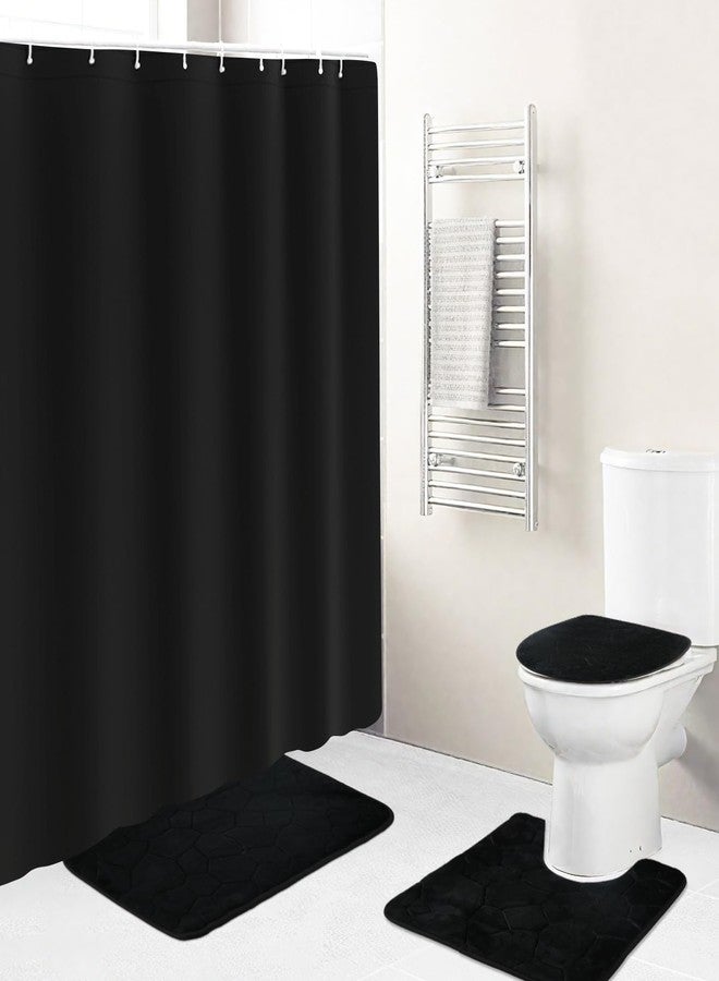 Icegrey 4PCS Family Shower Curtain Sets with Non-Slip Rug, Toilet Lid Cover, Bath Mat, Home Bathroom Decor Set Accessories Waterproof Shower Curtains with 12 Hooks, Black - Image 1