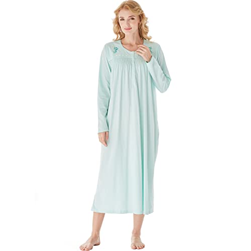 Keyocean Nightgowns for Women, Soft Cotton Lightweight Comfy Long Sleeve Ladies Sleeping-gown, Green, Small (S) - Image 1