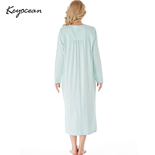Keyocean Nightgowns for Women, Soft Cotton Lightweight Comfy Long Sleeve Ladies Sleeping-gown, Green, Small (S) - Image 2