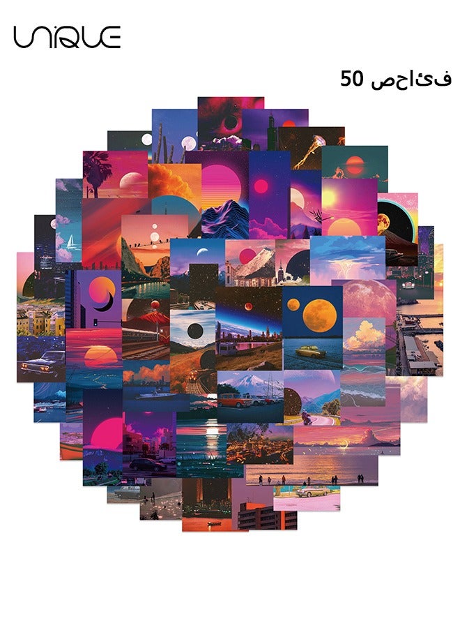 Unique 50Pcs Cartoon Sunset Illustration Sticker, Vinyl Waterproof Stickers for Water Bottles Laptop Phone Computer Guitar, Gifts for Teens, Girls, Fans - Image 1