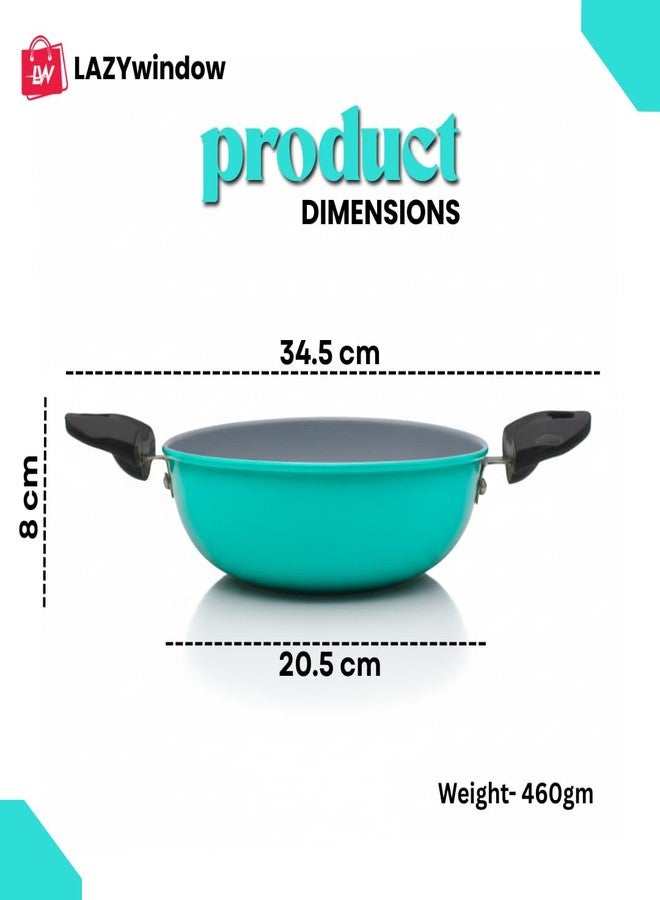 LAZYwindow Elite 20.5cm Nonstick Kadhai Set of 2 | 460g Lightweight Deep Fry Pan | Scratch-Resistant, Easy to Clean | Seafoam Green - Image 3
