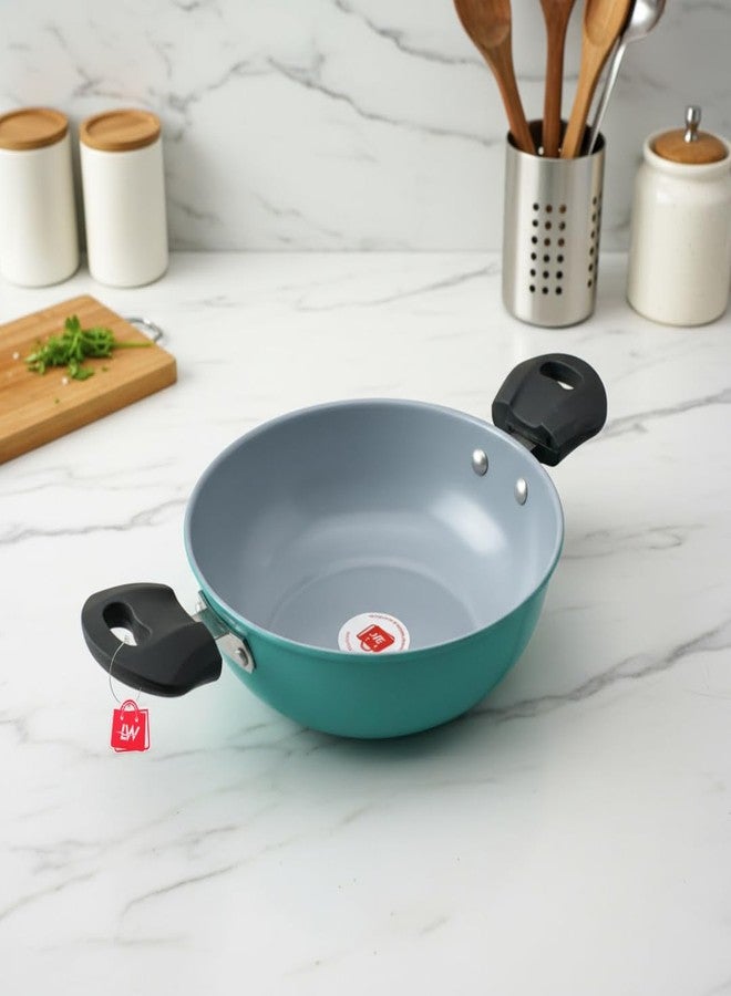 LAZYwindow Elite 20.5cm Nonstick Kadhai Set of 2 | 460g Lightweight Deep Fry Pan | Scratch-Resistant, Easy to Clean | Seafoam Green - Image 1