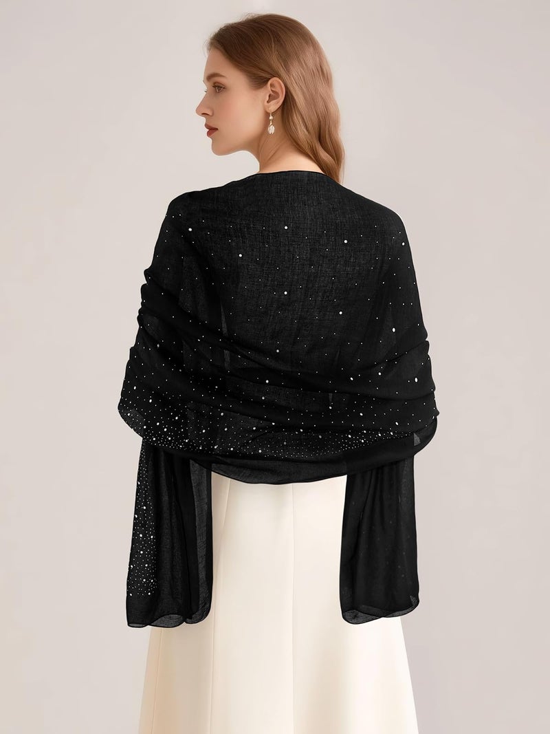 GERINLY Sparkle Black Scarf for Women, Rhinestone Pearl Scarves, Glitter Head Scarf, Bling Bling Shawl and Wraps Cotton (Black) - Image 4