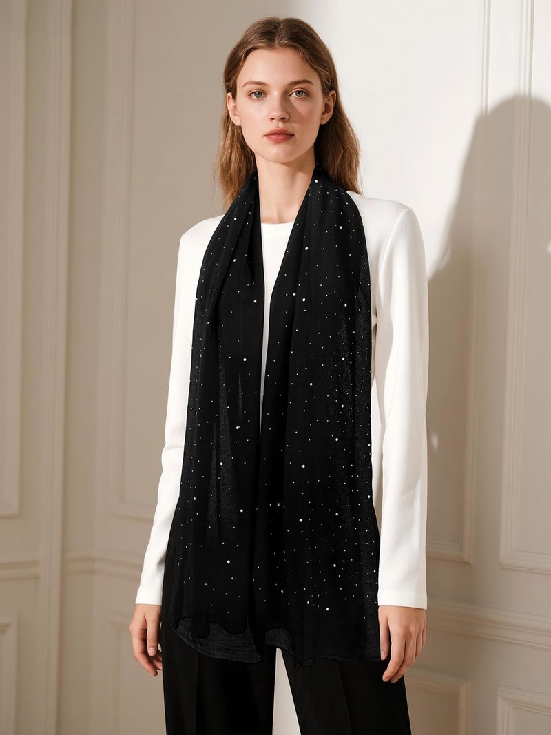 GERINLY Sparkle Black Scarf for Women, Rhinestone Pearl Scarves, Glitter Head Scarf, Bling Bling Shawl and Wraps Cotton (Black) - Image 2