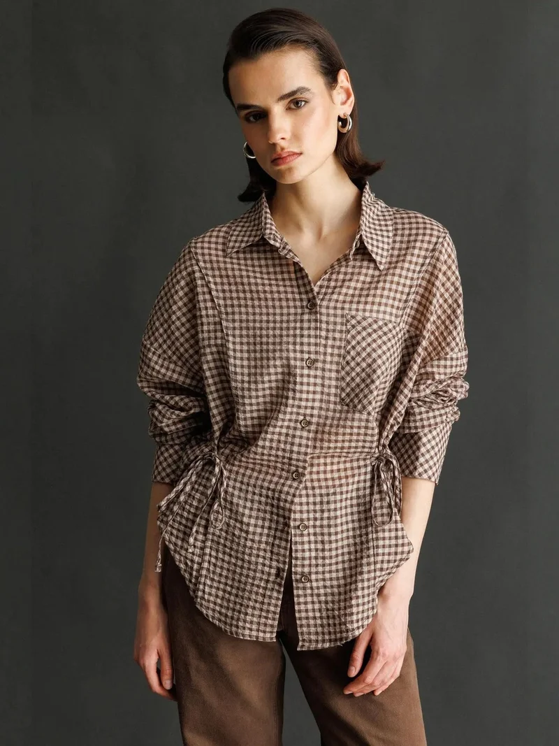 ميكسراي MIXRAY Long Sleeve Gingham Checked Shirt with Tie Detail