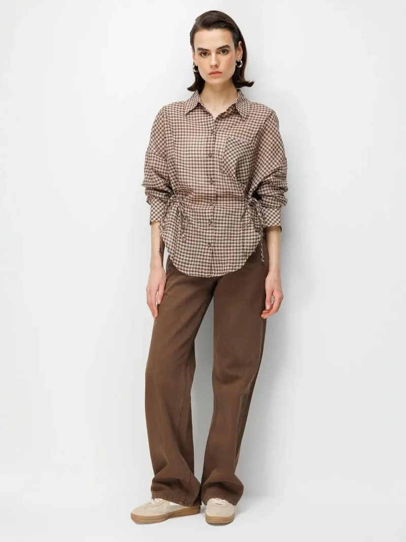 ميكسراي MIXRAY Long Sleeve Gingham Checked Shirt with Tie Detail