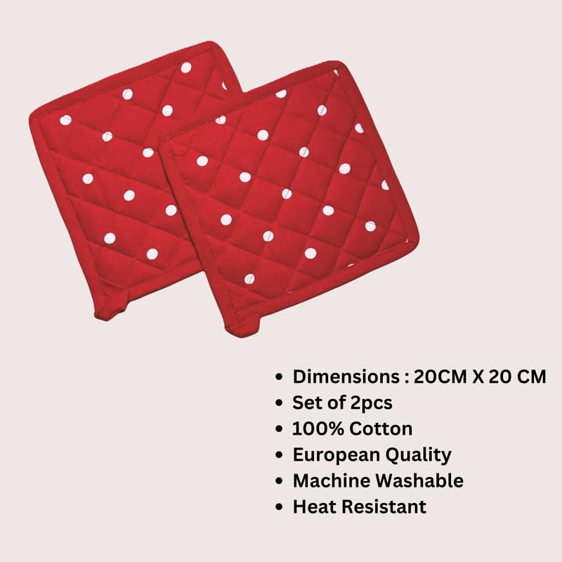 Oak & Lily Pot Holders for Kitchen | 100% Cotton Hot Pads | Heat Resistant, Machine Washable | Set of 2 with Hanging Loops | 20x20 cm | for Cooking, Baking & BBQ | Red & White Polka Dot Pattern - Image 3