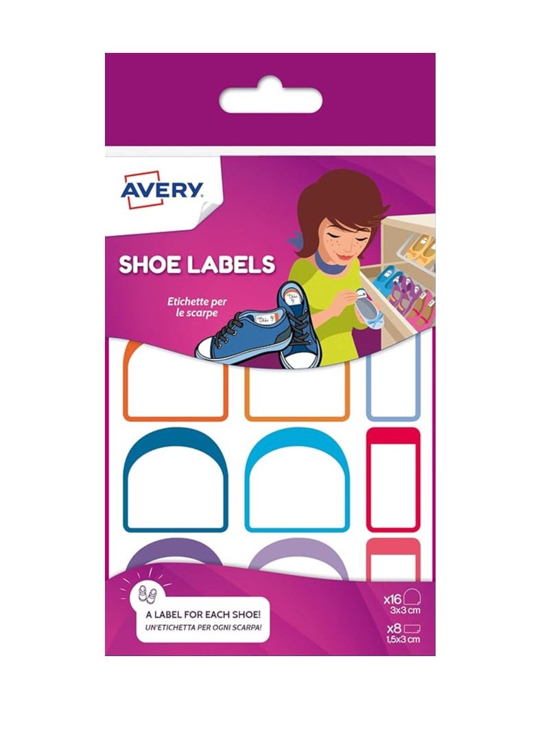 AVERY - Avery Shoes Labels, name labels, stick on school labels, 24 labels per pack (2 Sizes in the pack: 30x30 mm, 15x30 mm), White with Bold Coloured Edges - Image 1