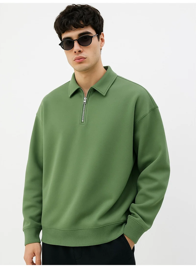 Maniac Maniac Mens Plain Polo Neck Full Sleeve Hunter Green Cotton Fleece Sweatshirt