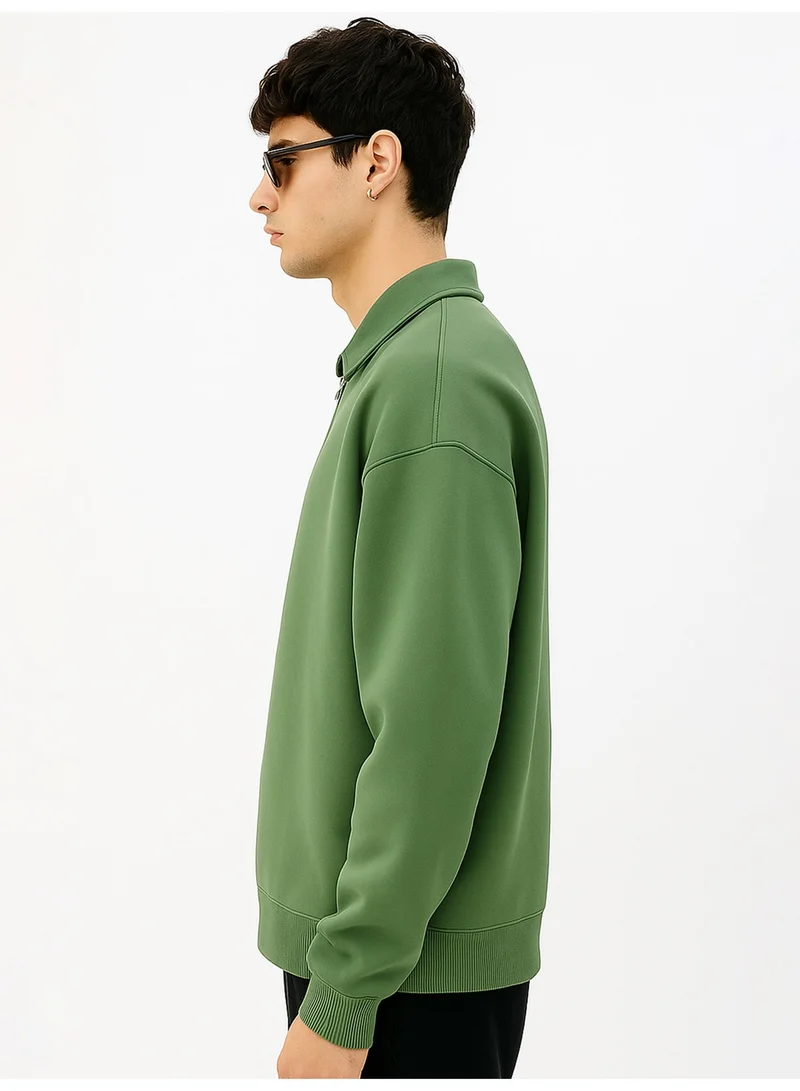 Maniac Maniac Mens Plain Polo Neck Full Sleeve Hunter Green Cotton Fleece Sweatshirt