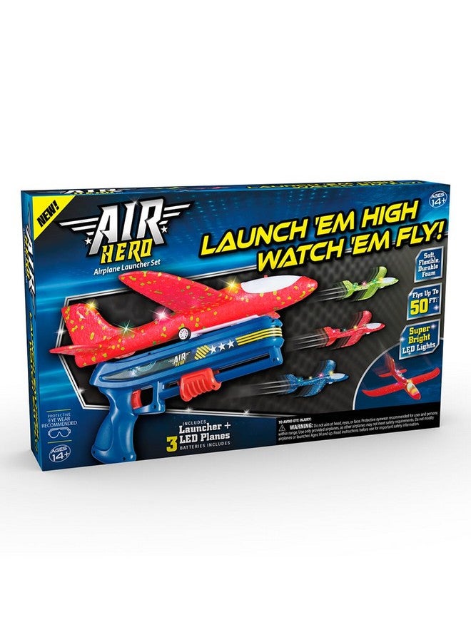 Ontel Air Hero Airplane Launcher Toy with LED Lights, Fun Outdoor Toy Includes 3 Airplanes & 1 Launcher, Kids Toy for Christmas or Gift for Kids, Nighttime Light Up Toy, Durable ABS Material, Blue - Image 1