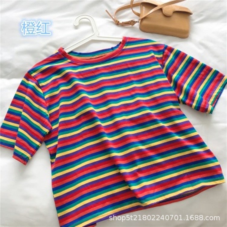 Rainbow Striped Short-sleeved T-shirt Womens 2020 Spring and Summer New Korean-style Loose Short Western-style All-match Internet Celebrity Top 334 orange stripe