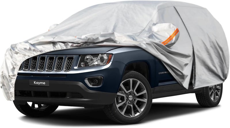 غطاء سيارة Kayme 6 طبقات SUV مقاس مخصص لـ Jeep Compass (2006-2025) مقاوم للماء لجميع الأحوال الجوية للسيارات، غطاء كامل خارجي لحماية من المطر والشمس والأشعة فوق البنفسجية. فضي منزلي ومهني - Image 1