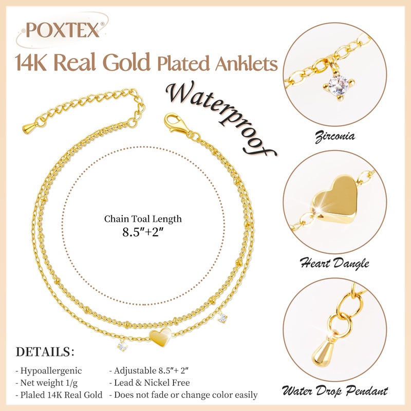 Poxtex Gold Plated Heart Anklet Bracelets for Women Waterproof, Diamond Multilayer Ankle Bracelets for Women, Jewelry Gifts for Mom Her, Summer Beach Vacation Fashion Jewelry - Image 3