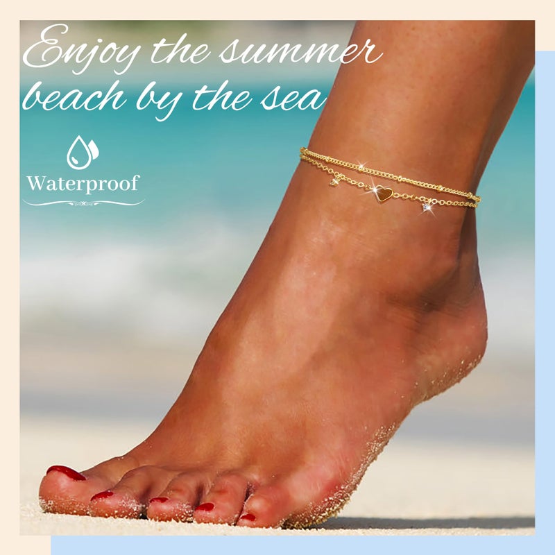 Poxtex Gold Plated Heart Anklet Bracelets for Women Waterproof, Diamond Multilayer Ankle Bracelets for Women, Jewelry Gifts for Mom Her, Summer Beach Vacation Fashion Jewelry - Image 4