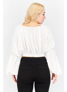 John Zack Women Round Neck Long Sleeve Plain Cropped Top, White  - Image 3