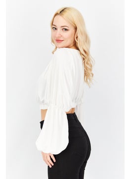 John Zack Women Round Neck Long Sleeve Plain Cropped Top, White  - Image 4
