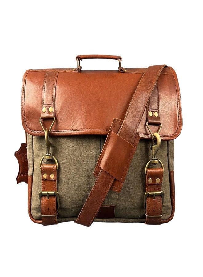 Madosh Genuine Brown Leather Canvas Laptop Men’s Briefcase Side Crossbody Office Shoulder Business Messenger Laptop Handbag for men, Brown, Medium - Image 1