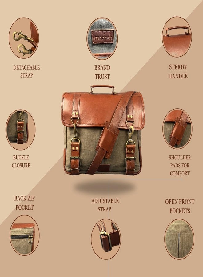 Madosh Genuine Brown Leather Canvas Laptop Men’s Briefcase Side Crossbody Office Shoulder Business Messenger Laptop Handbag for men, Brown, Medium - Image 5