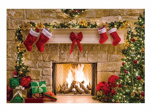 Funnytree 7x5ft Christmas Fireplace Backdrop Interior Vintage Xmas Tree Stockings Photography Background Portrait Photobooth Party Banner Decorations Photo Studio Props - Image 1