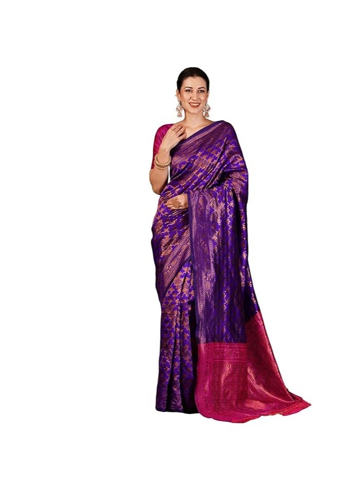 مملكة الإكسسوارات ساري كانجيفارام ناعم من باناراسي جاكار للنساء من مجموعة أكسسورايز كينجدوم مع قطعة بلوزة غير مخيطة - Image 1