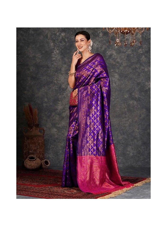 مملكة الإكسسوارات ساري كانجيفارام ناعم من باناراسي جاكار للنساء من مجموعة أكسسورايز كينجدوم مع قطعة بلوزة غير مخيطة - Image 3