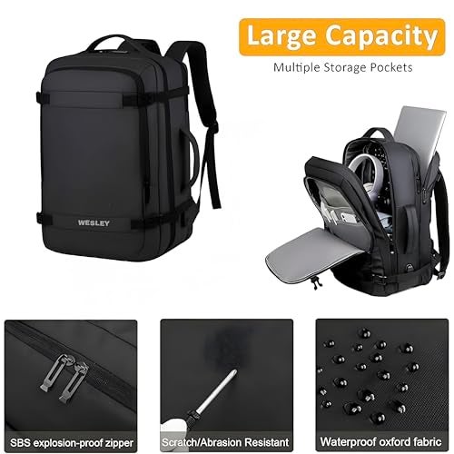 Wesley Luxur 45 Ltrs Overnighter Expandable Travel Laptop Backpack, Flight Cabin Approved Carry On with 16 inch Laptop Compartment, Anti Theft feature business/Travel/Weekender/college Charcoal Black - Image 2