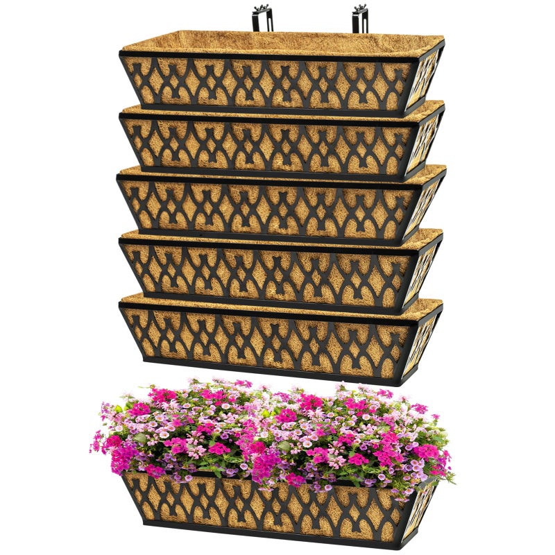 Karlliu 6 Pack 24 Inch Window Boxes Planters Railing Planter Box with Adjustable Brackets for Porch Fence Patio Balcony Hanging Flower Baskets with Coco Liners for Outdoor Garden Decor - Bronze - Image 1