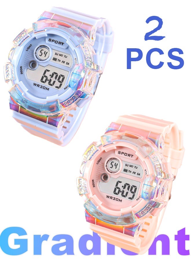 كوبوس ٢ قطع ساعات أطفال للأولاد والبنات، متدرج الألوان متعددة الوظائف مقاومة للماء للأطفال، ساعة رقمية للتوقيت (أزرق ووردي فاتح) - Image 1