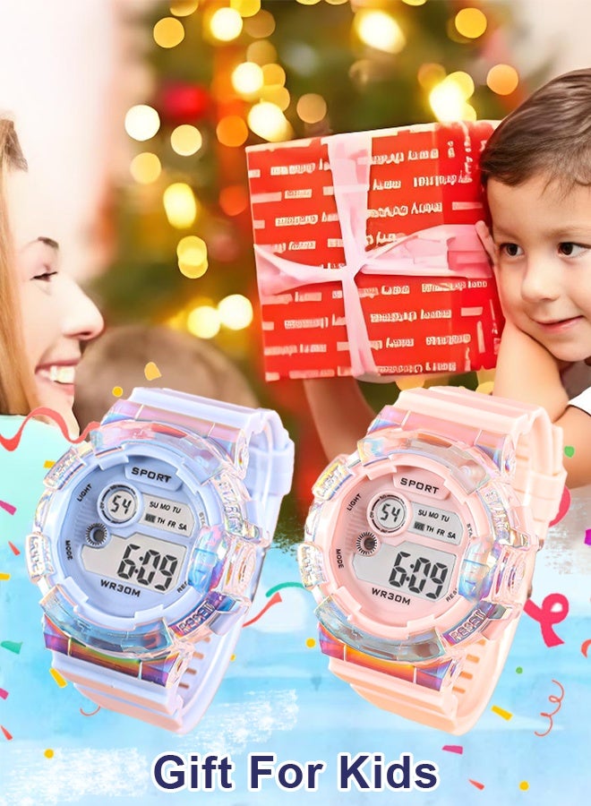 كوبوس ٢ قطع ساعات أطفال للأولاد والبنات، متدرج الألوان متعددة الوظائف مقاومة للماء للأطفال، ساعة رقمية للتوقيت (أزرق ووردي فاتح) - Image 3