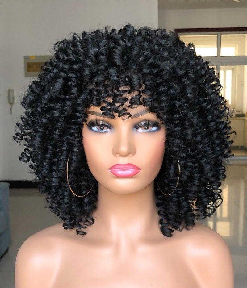 Lizzy Short Curly Wig for Black Women Curly Afro Wigs with Bangs African Synthetic Glueless Heat Resistant Fluffy Bomb Curly Hair WigBlack