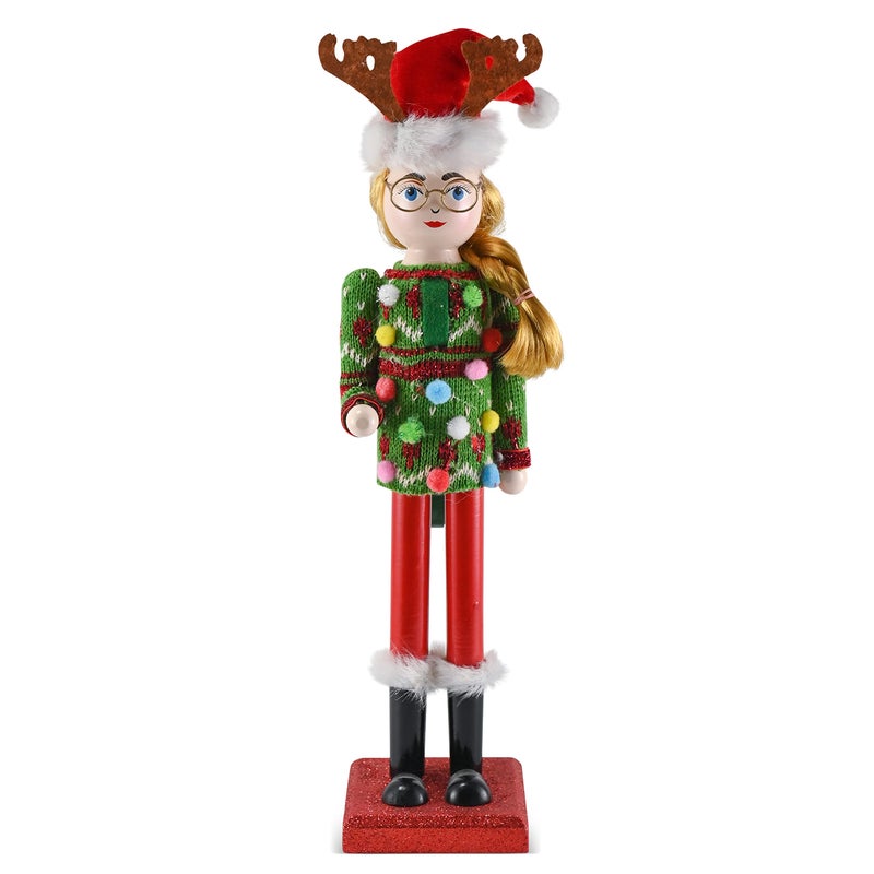 Ornativity Christmas Ugly Sweater Nutcracker  Red and Green Wooden Nutcracker Woman with an Ugly Sweater and Reindeer Hat Xmas Themed Holiday Nut Cracker Doll Figure Decorations 15
