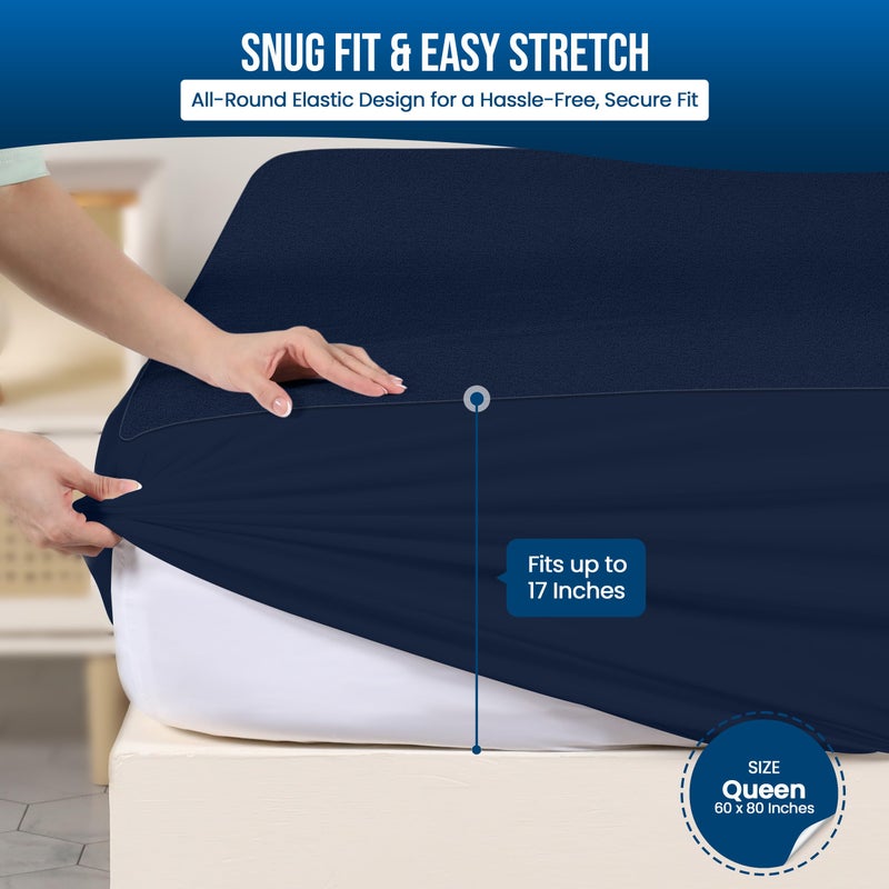 Utopia Bedding Waterproof Mattress Protector Queen Size, Premium Terry Mattress Cover 200 GSM, Breathable, Fitted Style with Stretchable Pockets (Navy Blue) - Image 3