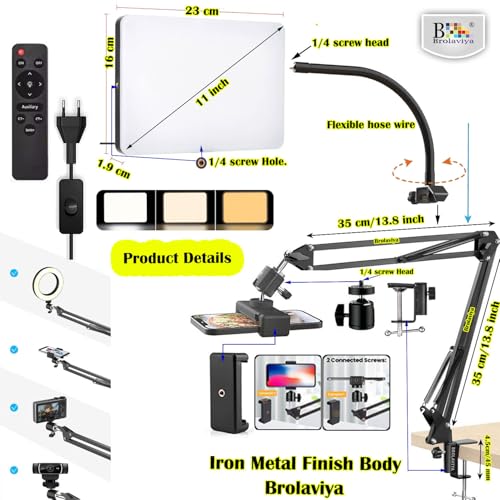 BROLAVIYA Overhead Video Mobile Stand with 11 inch Video led Light 2700 to 5500k with Remote Control, Metal Arm,1/4" Ball Head for Camera,Gopro,with Mobile Bracket and Flexible Clip Arm - Image 2