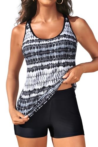 Yonique 2 Piece Tankini Swimsuits for Women with Boy Shorts Athletic Swim Tank Top Bathing Suits Black and White XXL - Image 1