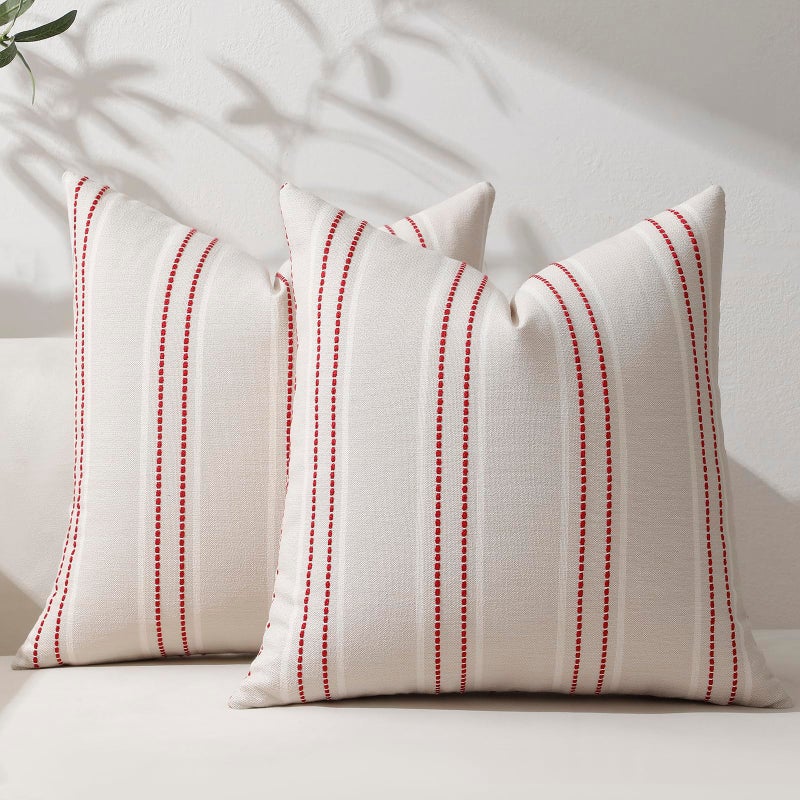 Hckot Christmas Throw Pillow Covers 24x24 Set of 2 Red Pillow Covers Striped Decorative Pillows Xmas Decorations Cushion Covers Winter Holiday Decor for Sofa Couch Living Room(Red) - Image 1