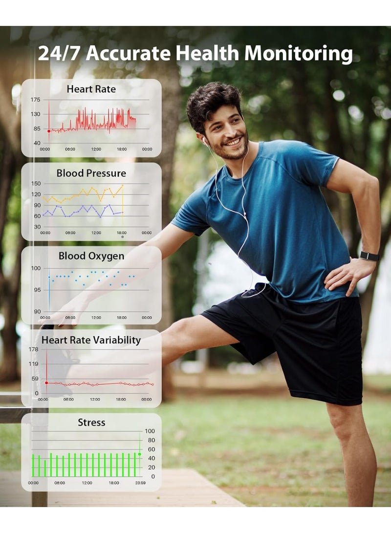 Fitness Trackers/Smart Bracelet for Men Women, Wearable Activity & Fitness Tracker Band, 24H Sleep Tracker, All-Day Continuous Heart Rate Blood Pressure Stress HRV Monitor, 170+ Sport Modes, Free APP and 2 pcs Bands(Black) - Image 2