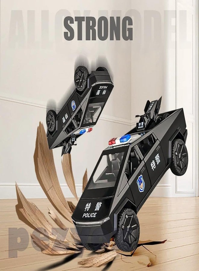 PEZYOX 1:24 Scale Die-Cast CyberTruck Police【Free Wheel】 with 6 Openable Doors,Steerable Tyres,Working Horn,Working Lights (Black) - Image 4