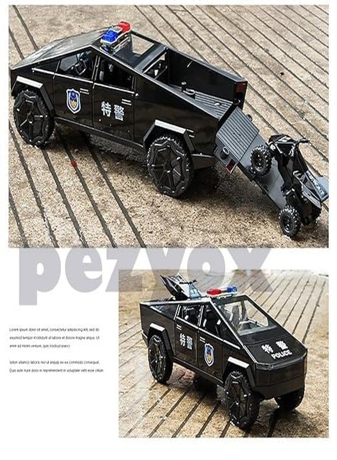 PEZYOX 1:24 Scale Die-Cast CyberTruck Police【Free Wheel】 with 6 Openable Doors,Steerable Tyres,Working Horn,Working Lights (Black) - Image 5