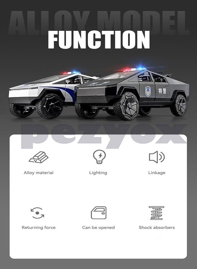 PEZYOX 1:24 Scale Die-Cast CyberTruck Police【Free Wheel】 with 6 Openable Doors,Steerable Tyres,Working Horn,Working Lights (Black) - Image 3