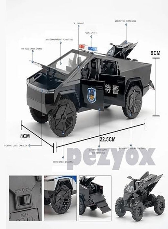 PEZYOX 1:24 Scale Die-Cast CyberTruck Police【Free Wheel】 with 6 Openable Doors,Steerable Tyres,Working Horn,Working Lights (Black) - Image 2