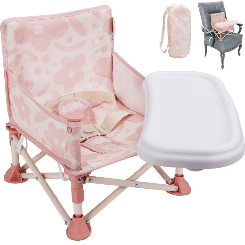 Tiny Marvels Portable 3-in-1 Baby Chair, Cozy Booster Seat, Baby Seat with Tray, Compact Foldable, Toddler Chair with Child Safety Belt Carry Bag, Perfect for Travel (Blush Bloom) - Image 1