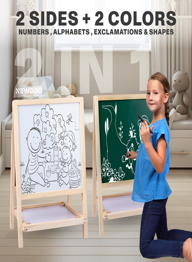 NEWDRU لوحة رسم نيودرو الاحترافية للأطفال، ذات وجهين، مع أسطح للكتابة بالطباشير وأقلام التحديد | إطار خشبي مع حامل رسم قابل لتعديل الارتفاع لتعليم الأطفال - هدية مثالية للأطفال الصغار - 27 × 40 سم - Image 4